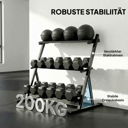 Nastavitelný 3patrový stojan na činky, nosnost 200kg, protiskluzový