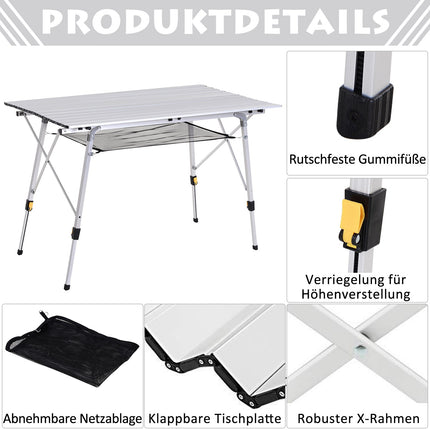 Verstellbarer Aluminium-Klapptisch mit Tragetasche, 120x69 cm