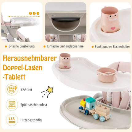 Nastavitelná dětská jídelní židlička s kolečky, růžová, skládací