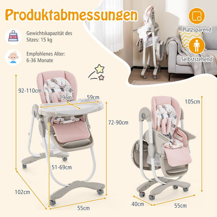 Nastavitelná dětská jídelní židlička s kolečky, růžová, skládací