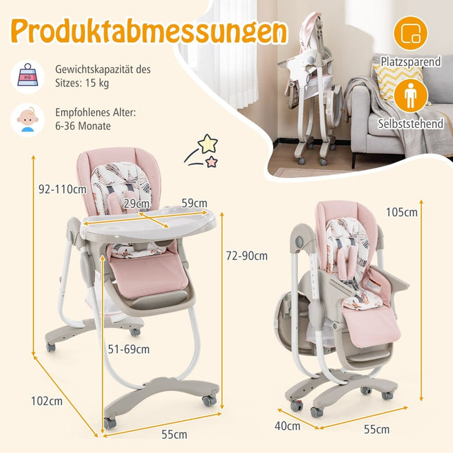 Nastavitelná dětská jídelní židlička s kolečky, růžová, skládací