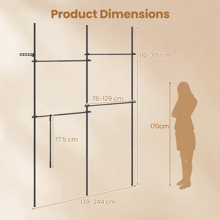 Adjustable Black Clothes Rack with 4 Hanging Rods, 43.3"-124"