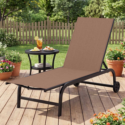 Adjustable Brown Sun Lounger with Wheels & Breathable Fabric