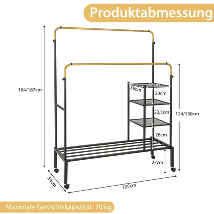 Nastavitelný dvoutyčový stojan na oblečení na kolečkách, zlatá, 135x54x170cm
