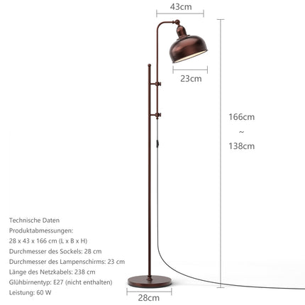Nastavitelná stojací lampa s kovovým rámem, otočná hlava 180