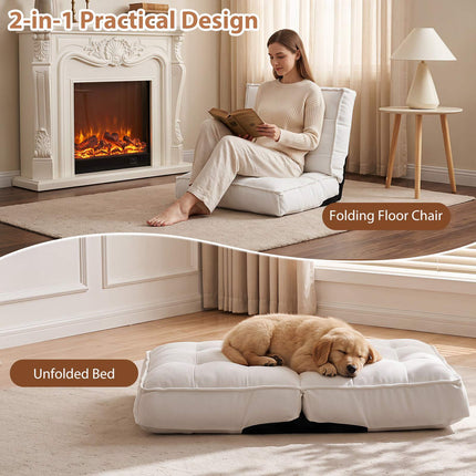 Adjustable Folding Floor Chair, White Corduroy, 6-Position Recline