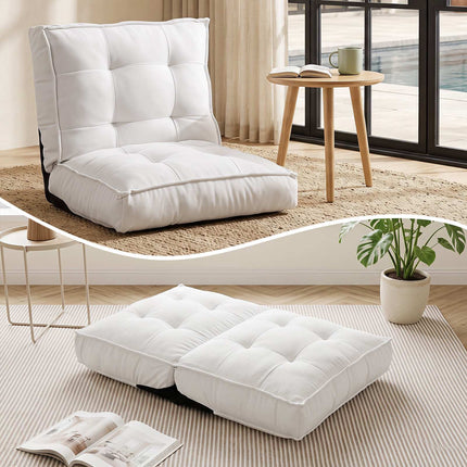Adjustable Folding Floor Chair, White Corduroy, 6-Position Recline