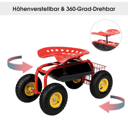 Nastavitelné zahradní sedátko na kolečkách, otočné 360°, červená