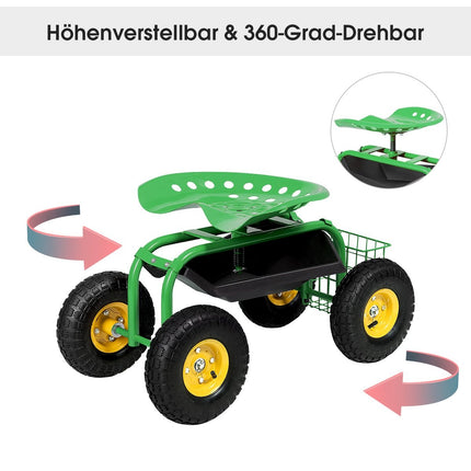 Nastavitelné zahradní sedátko na kolečkách, otočné 360°, úložný koš
