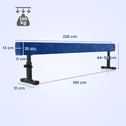 Nastavitelná gymnastická kladina, 226 cm, 3 výšky, modrá