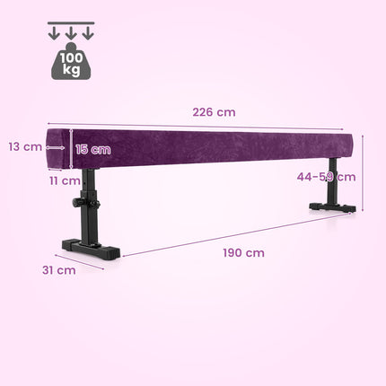 Nastavitelná gymnastická kladina, 226 cm, 3 výšky, fialová
