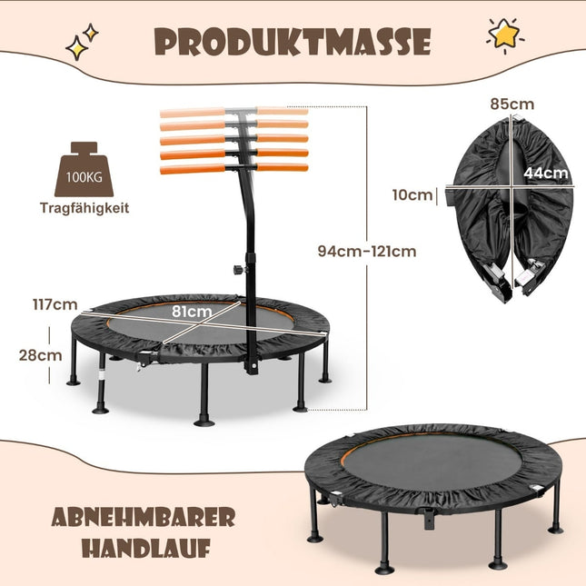 Mini trampolína s nastavitelným madlem, skládací, 117cm, oranžová