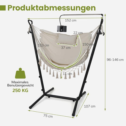 Adjustable Hanging Chair with Stand, Beige, 250kg Capacity