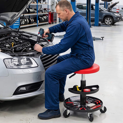Adjustable Height Rolling Mechanic Stool with Tool Trays