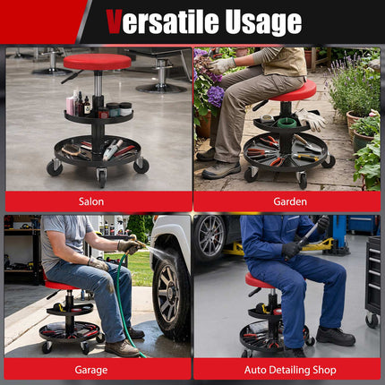 Adjustable Height Rolling Mechanic Stool with Tool Trays
