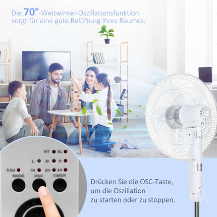 Výškově nastavitelný stojanový ventilátor s dálkovým ovládáním, 3 rychlosti, bílá