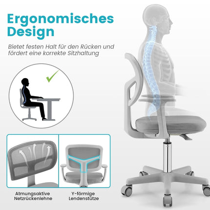 Nastavitelná dětská židle k psacímu stolu, otočná 360, ergonomická, šedá