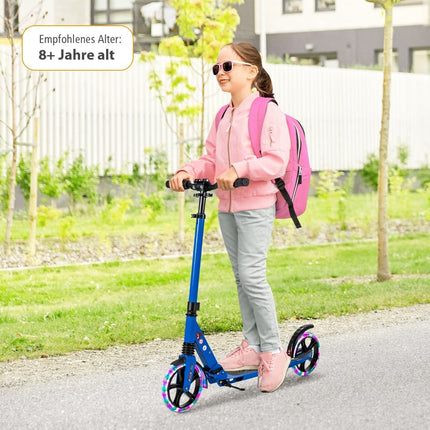 Nastavitelná dětská koloběžka s LED kolečky, skládací, modrá