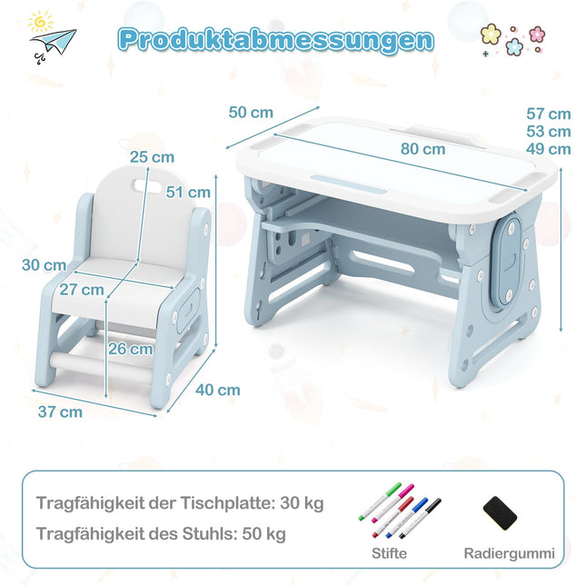 Nastavitelný dětský stůl a židle se sklopnou bílou tabulí