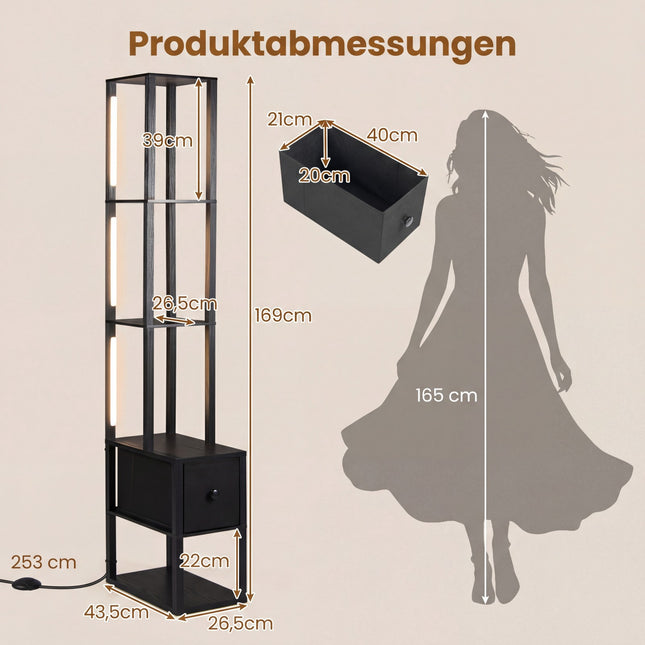 Verstelbare LED-vloerlamp met planken en tafel, zwart