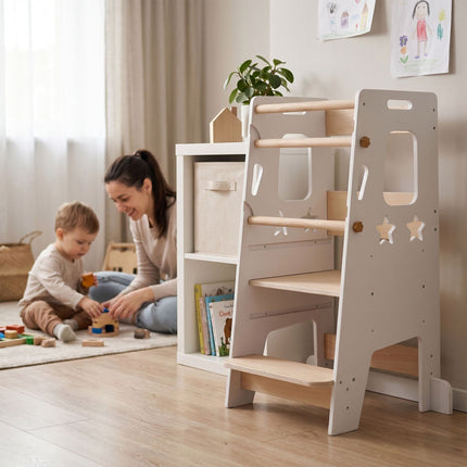 Nastavitelná učící věž s hvězdičkovým designem, bílá
