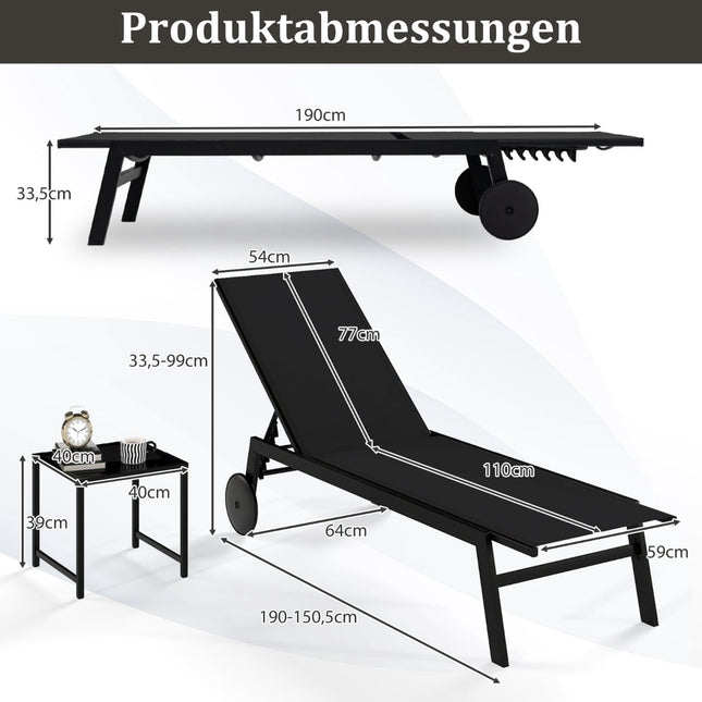 Nastavitelné venkovní relaxační křeslo se stolkem, černá látka