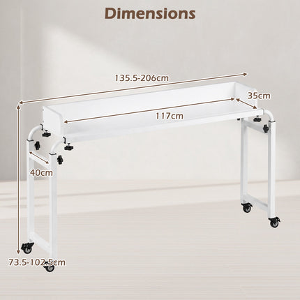 Adjustable Overbed Table with Wheels, White, 135.5-206 cm