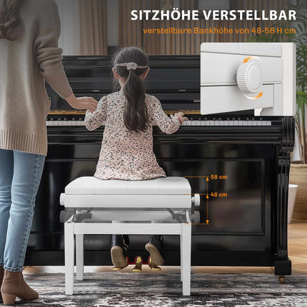 Nastavitelná klavírní stolička s úložným prostorem, koženka, bílá