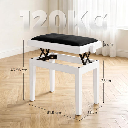 Adjustable Piano Bench with Velvet Cushion, White Rubberwood
