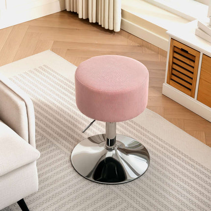 Nastavitelná růžová manšestrová barová židle, otočná 360°, kovová podnož