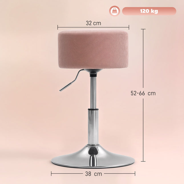 Nastavitelná růžová manšestrová barová židle, otočná 360°, kovová podnož