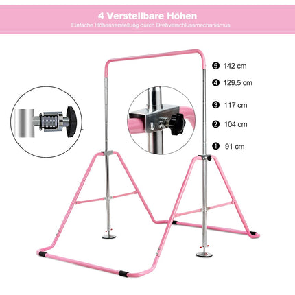 Nastavitelná růžová dětská gymnastická hrazda, 90-130 cm
