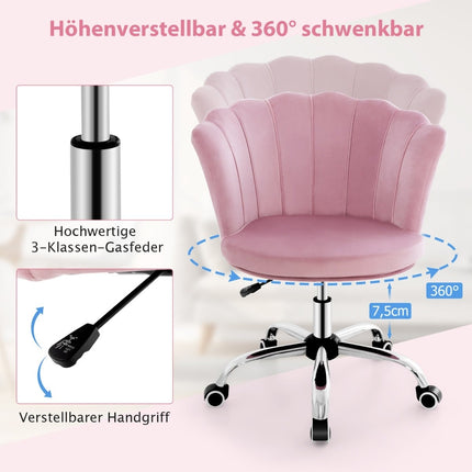 Nastavitelná růžová sametová kancelářská židle na kolečkách, ergonomický design