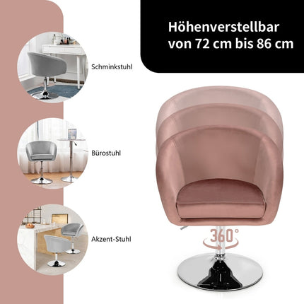 Nastavitelná růžová sametová otočná barová židle, rotace 360, nosnost 120kg