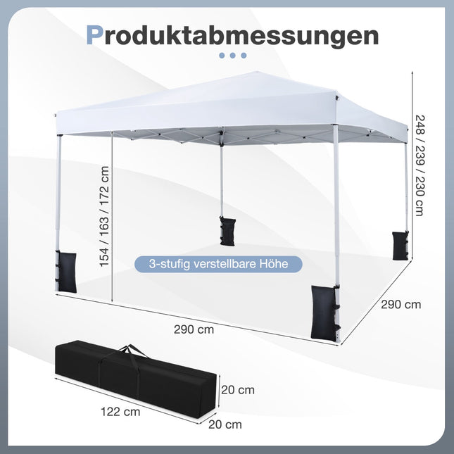 Nastavitelný pop-up pavilon 290x290 cm, bílá, s příslušenstvím