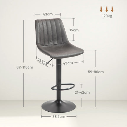 Adjustable Retro Bar Stools, Set of 2, Dark Grey, Microfiber