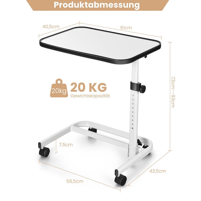 Nastavitelný noční stolek na kolečkách se sklopnou deskou, 73-93 cm