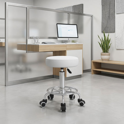 Adjustable Salon Stool, White Faux Leather, 110 kg Capacity