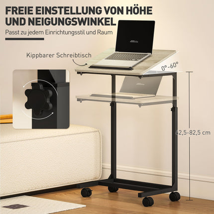 Adjustable Side Table with Wheels, Metal Frame, Tiltable