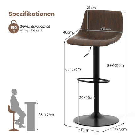 Nastavitelné otočné barové židle, sada, hnědá, 60-82 cm