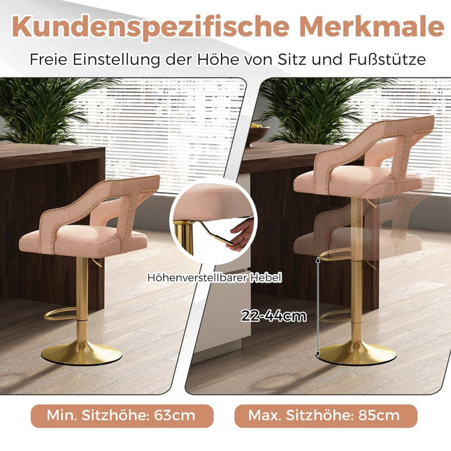 Nastavitelné sametové barové židle, růžová, sada 2 ks, 63-85cm