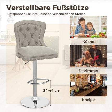 Nastavitelné sametové barové židle, sada 2 ks, šedá, 67-87cm