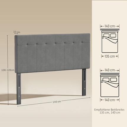 Nastavitelné sametové čelo postele s kovovými nohami, 140 cm, šedé