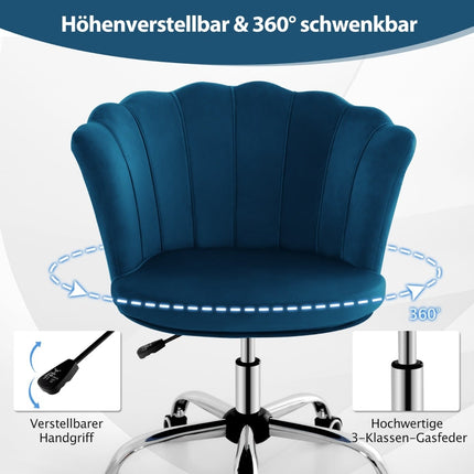Nastavitelná sametová kancelářská židle na kolečkách, ergonomická, modrá