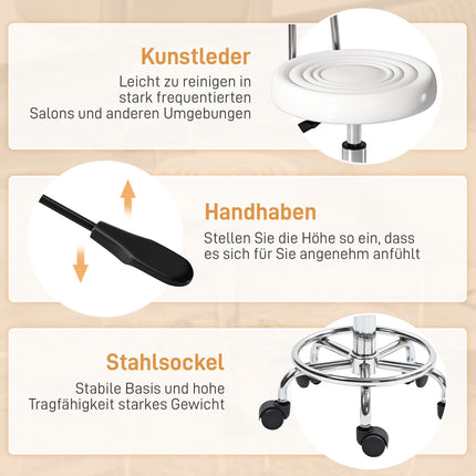 Adjustable White Rolling Stool with Backrest and Footrest