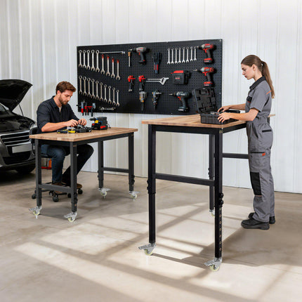Adjustable Workbench on Wheels, Oak Top, 680 kg Capacity