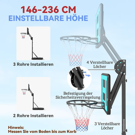 Nastavitelný basketbalový koš se stojanem, 146-236 cm, přenosný