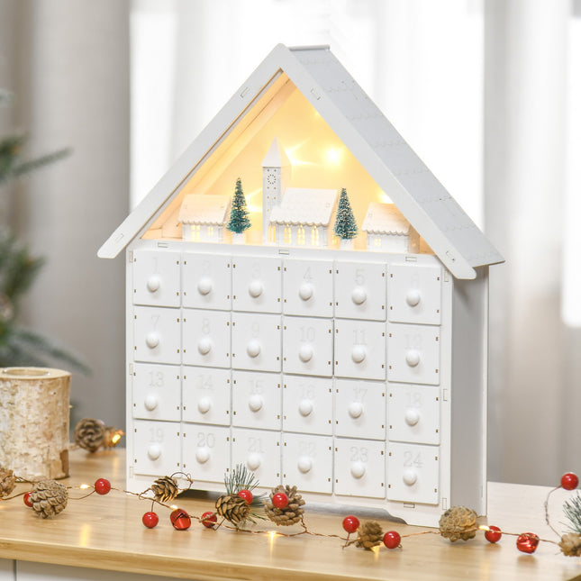 Adventní kalendář s LED, 24 plnitelných přihrádek, bílý