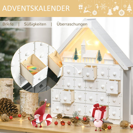 Adventní kalendář s LED, 24 plnitelných přihrádek, bílý