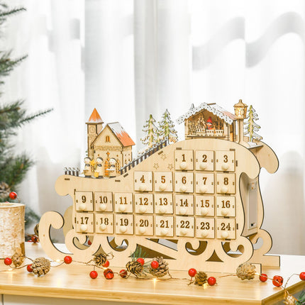 Adventní kalendář s 24 LED podsvícenými krabičkami, ve tvaru saní